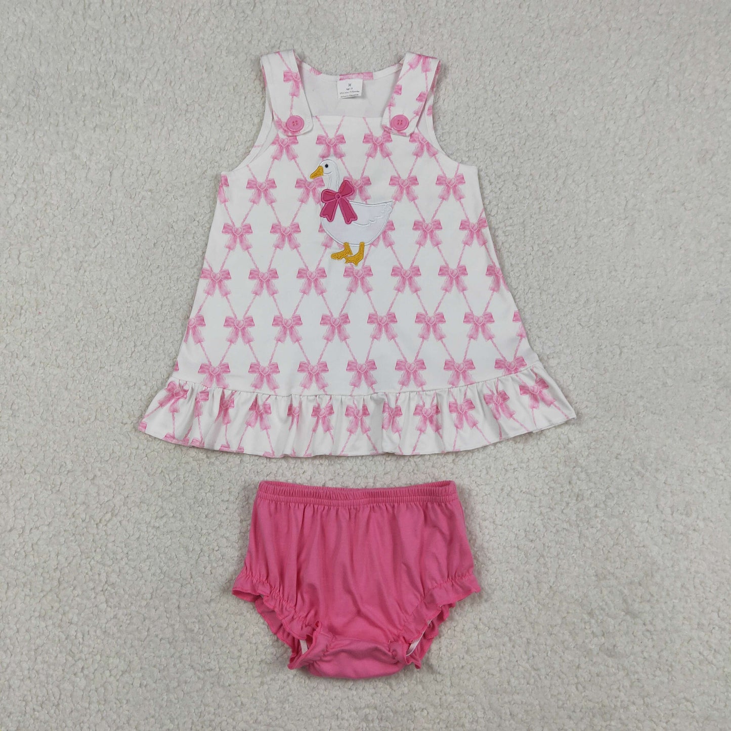 GBO0505 Kids Embroidery Goose Baby Girls Pink Bow Plaid Tunic Bummies Clothes Sets