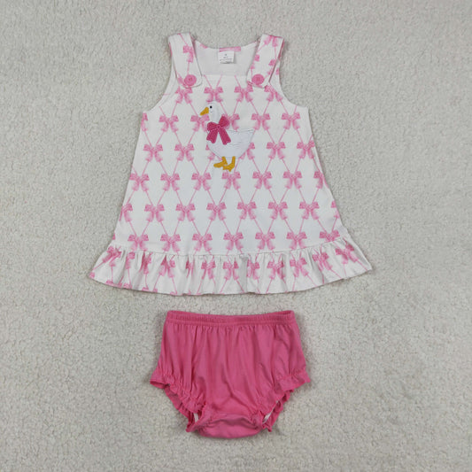 GBO0505 Kids Embroidery Goose Baby Girls Pink Bow Plaid Tunic Bummies Clothes Sets