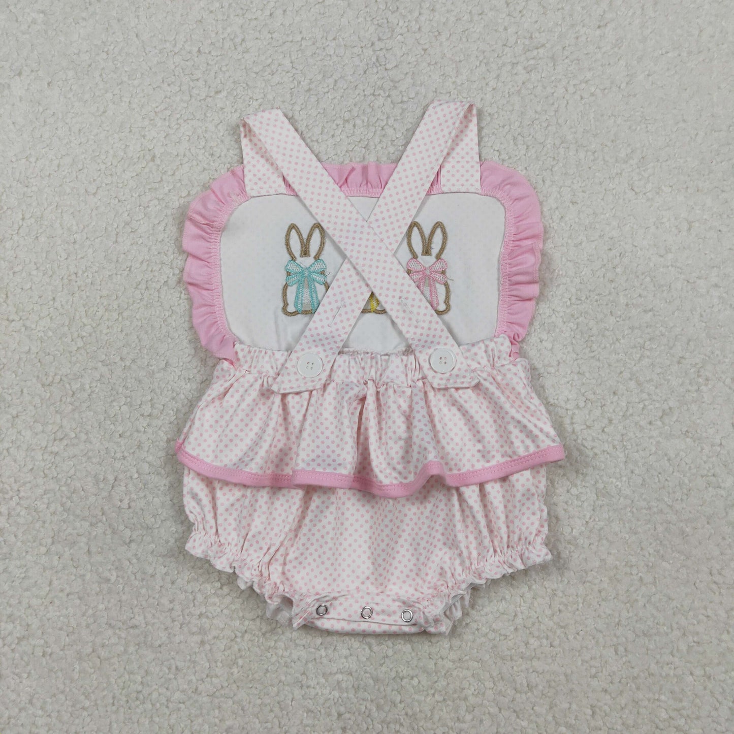 RTS NO MOQ（In Stock) SR3477 Embroidered Easter Bunny Pink Lace Polka Dot Vest Jumpsuit