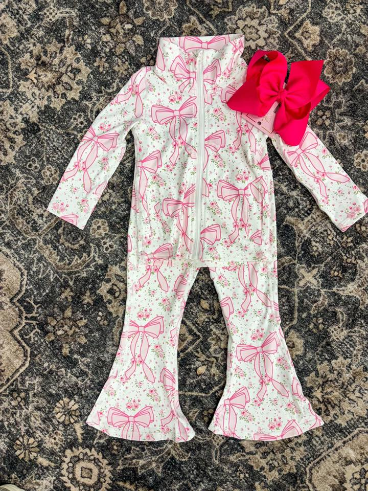 RTS NO MOQ（In Stock) GT1082+P0773 Baby Girls Pink Floral Bows Pockets Zipper Top Bell Bottom Pant Yoga Set