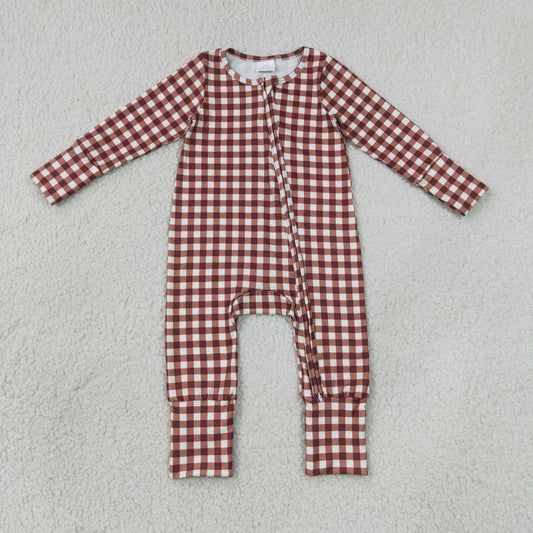 LR3113 Newborn Baby Boys Red Checked Fall Two Way Zip Convertible Rompers