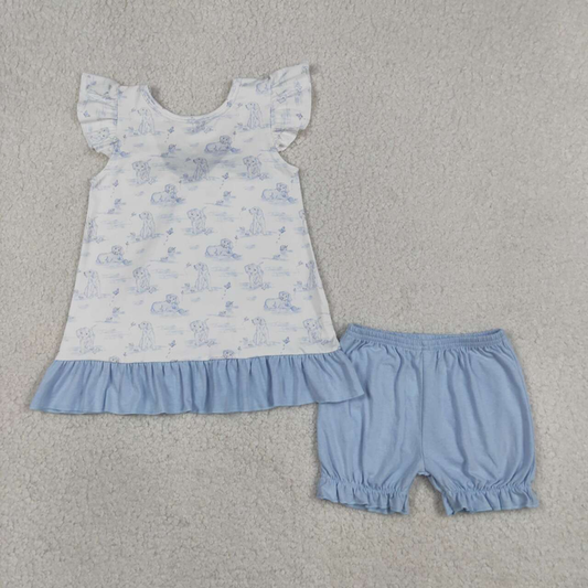GSSO3061 Kids Baby Girls Flutter Sleeve Dogs Butterfly Back Bow Tunic Ruffle Short Clothes Sets
