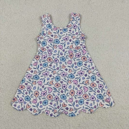GSD3808 Kids Baby Girls Colorful Flowers Back Bows Yoga Active Short Scallop Knee Length Dress