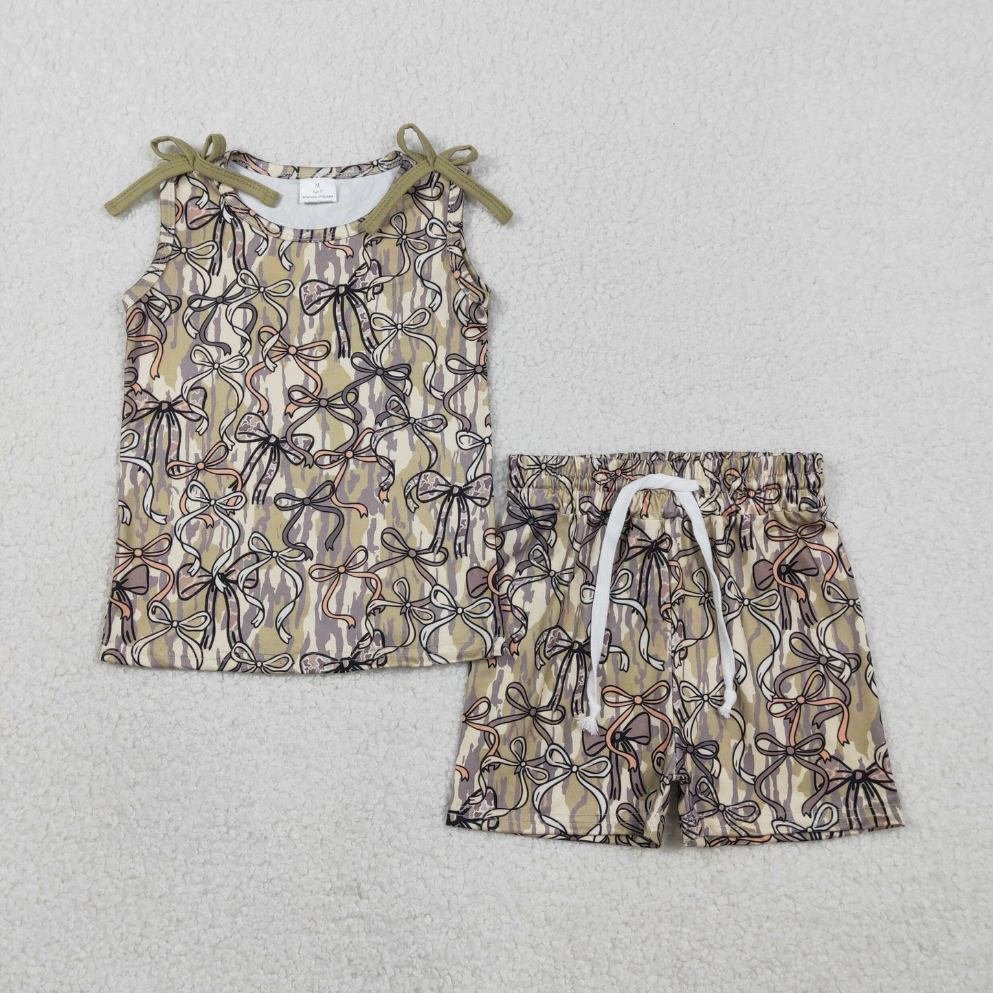 RTS NO MOQ（In Stock) GSSO3127 Army Green Camouflage Sleeveless Shorts Set with Bow Pattern