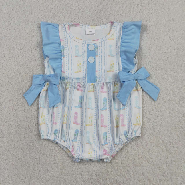 SR4088 Newborn Baby Girls Sleeveless Colorful Boots Stripe Western Button Ruffle Rompers