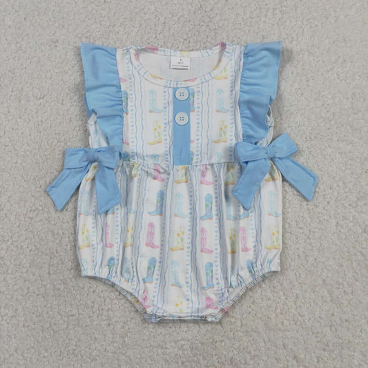 SR4088 Newborn Baby Girls Sleeveless Colorful Boots Stripe Western Button Ruffle Rompers