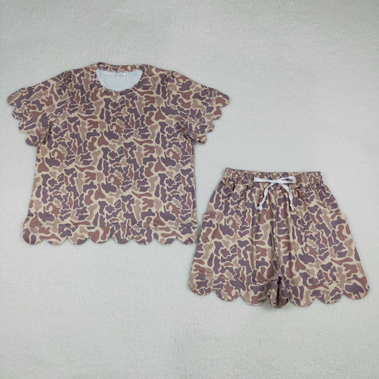 GSSO3233 Adult Women Southern Khaki Camo Top Short Scallop Clothes Sets