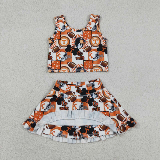 GSD3613 Kids Baby Girls Footballs Go Vols Vest Ruffle Skirt Short Team Yoga Active Clothes Sets