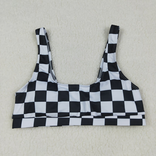 S0736 Adult Women Black Checkered Bra Swimming Top