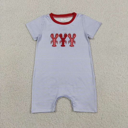 SR4007 Newborn Embroidery Crayfishes Baby Boys Short Sleeve Blue Stripe Shorts Rompers