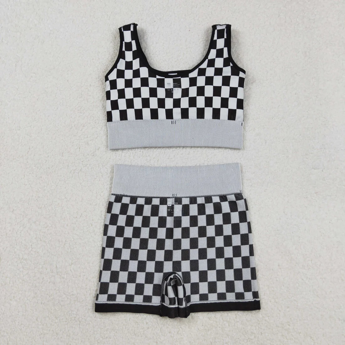 9.13 GT1189+SS0644 Adult Women Black Checkered Crop Bra Top Shorts Yoga Outfits Set
