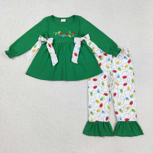 9.10 GLP2491 Embroidery Baby Girls Dark Green Long Ruffle Sleeves Lights Bows Tunic Pant Set