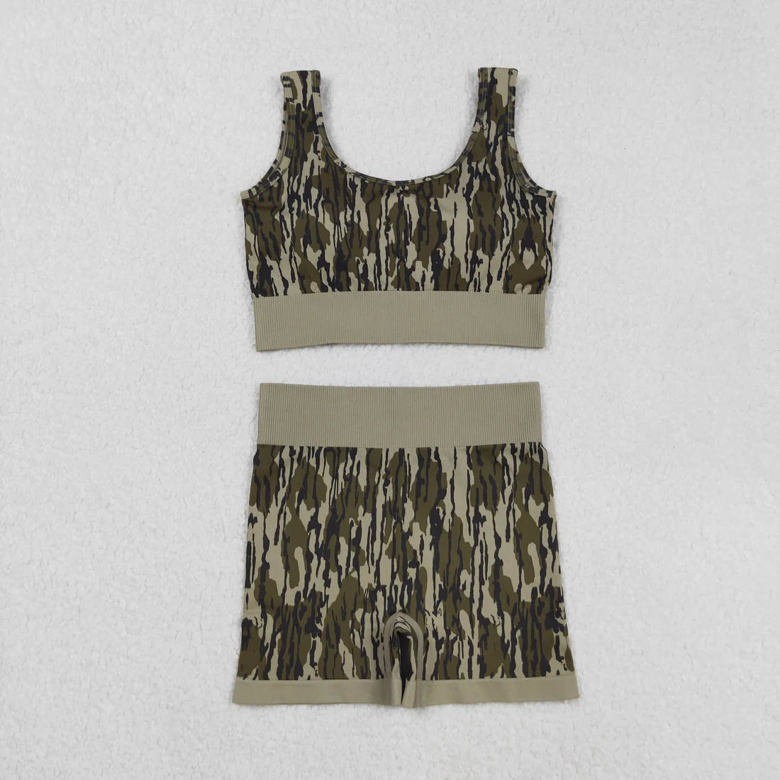 9.13 GT1187+SS0642 Adult Women Bottomland Camo Crop Bra Top Shorts Yoga Outfits Set