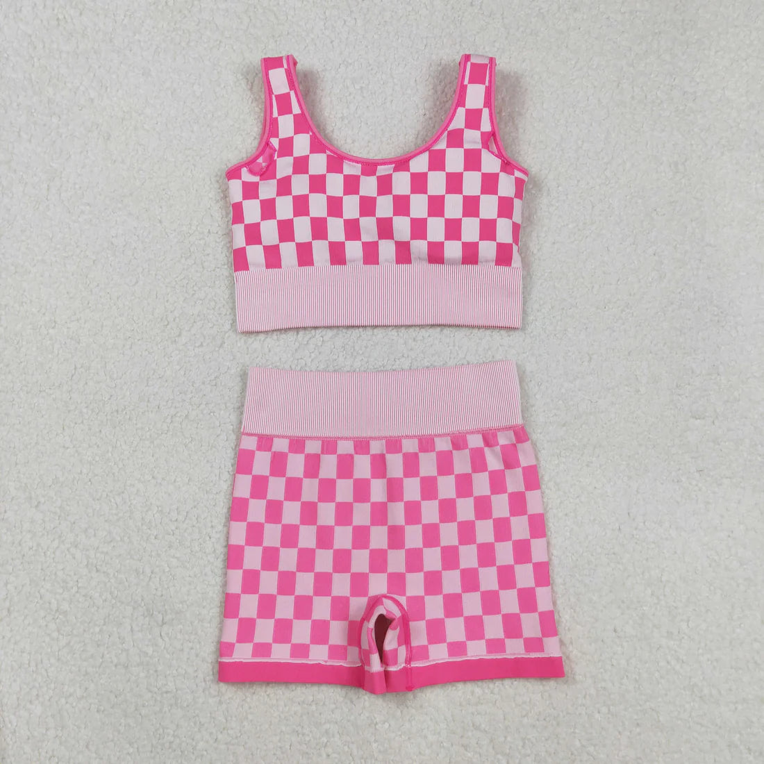 9.13 GT1190+SS0645 Adult Women Pink Checkered Crop Bra Top Shorts Yoga Outfits Set