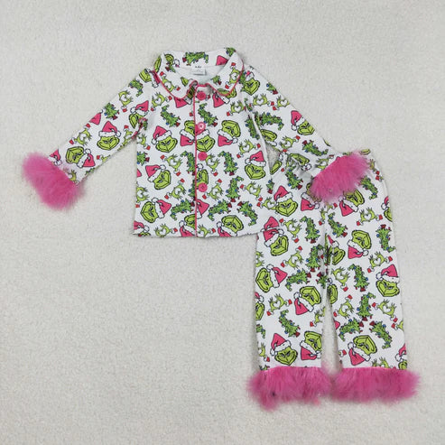 9.10 GLP2647 Baby Girls Long Sleeves With Fur Green Face Plaid Top Pant Pajamas Set