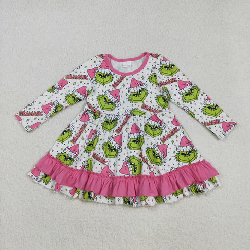 9.10 GLD1234 Baby Girls Long Sleeves Green Face Stars Plaid Ruffle Knee Length Dress