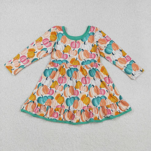 9.10 GLD1264 Baby Girls Colorful Pumpkins Plaid Fall Ruffle Knee Length Dress