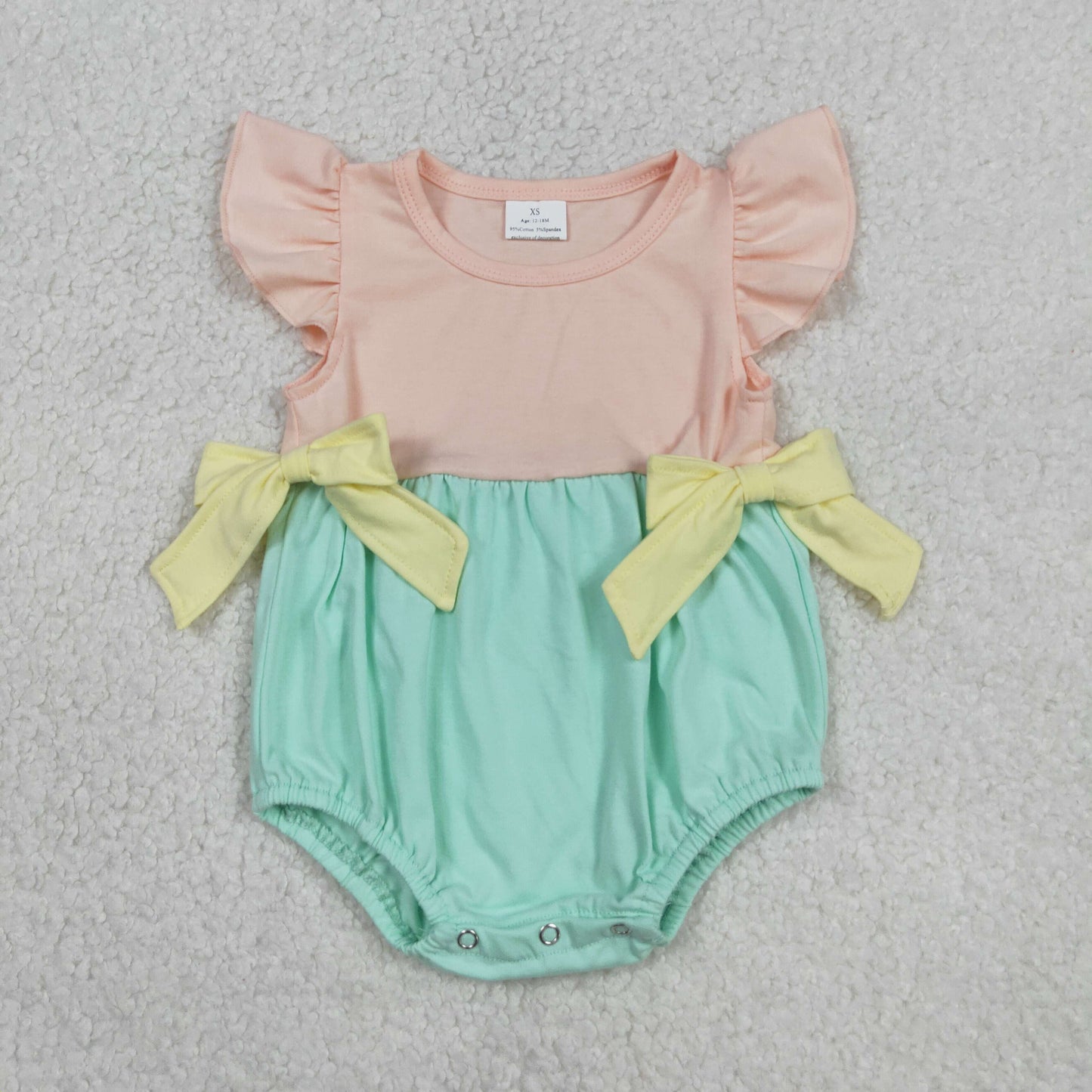 SR3662 Baby Girl Flutter Sleeve Pink Aqua Patchwork Ruffle Rompers