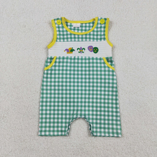 RTS NO MOQ(In Stock) SR3312 Embroidered Carnival Mask Green and White Checkered Sleeveless Jumpsuit