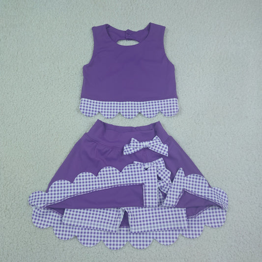 GSD4225 Kids Clothing Baby Girls Purple Sleeveless Vest Bows Skirt Short Yoga Active Bows Scallop Clothes Sets