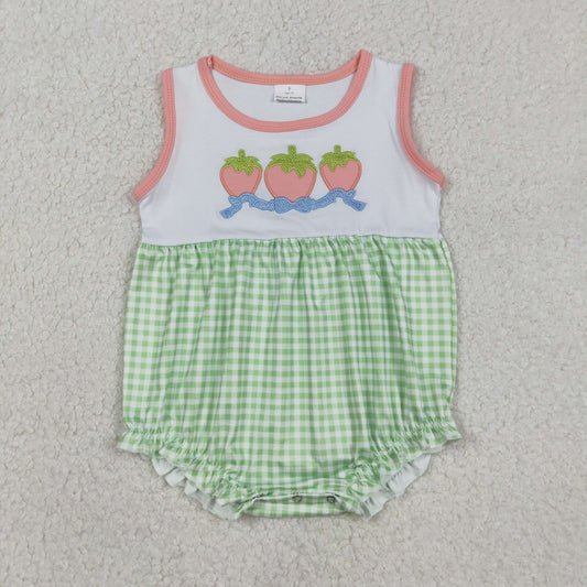 RTS NO MOQ(In Stock) SR3725 Embroidered Strawberry Bow Pattern Green Plaid Vest Jumpsuit