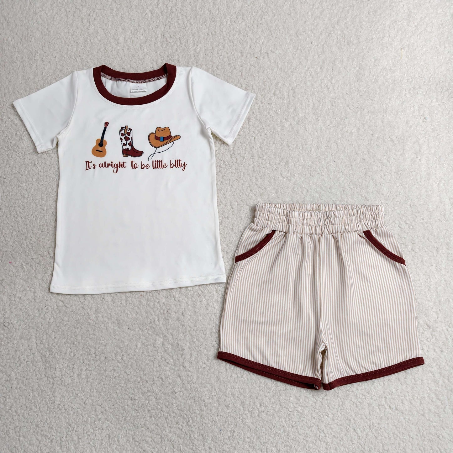 BSSO1578 Kids Baby Boys Boots Hat Guitar Top Stripe Pockets Shorts Western Clothes Sets