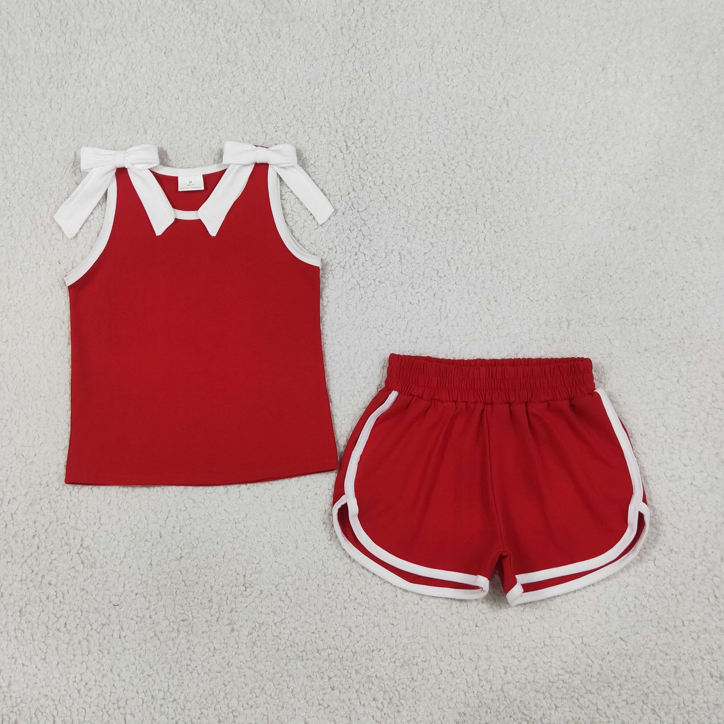 GSSO3821 Kids Clothing Baby Girls Red White Bows Sleeveless Top Short Clothes Sets