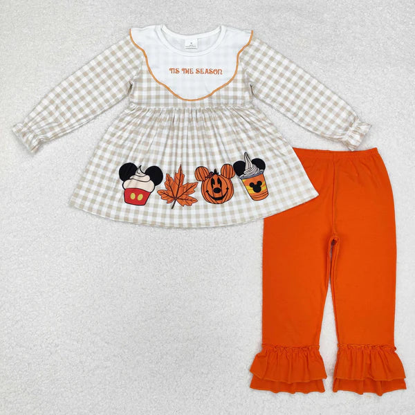 GT0749+P0634 Baby Girls Halloween Checkered Cartoon Tunic Ruffle Pants Clothes Set