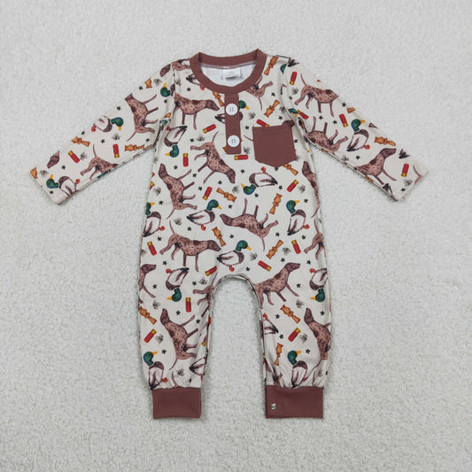 RTS NO MOQ(In Stock) LR2576 Duck and Puppy Brown Pocket Button Long-Sleeve Jumpsuit