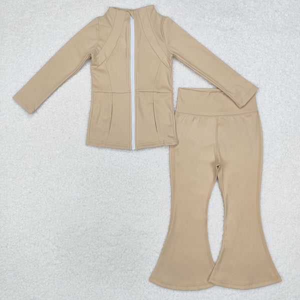 GT0681+P0574 Baby Girls Khaki Yoga Active Wear Jackets Pants 2pcs Clothes Set