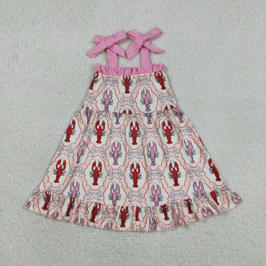 GSD3730 Kids Baby Girls Strap Bows Crayfishes Checked Ruffle Knee Length Dresses