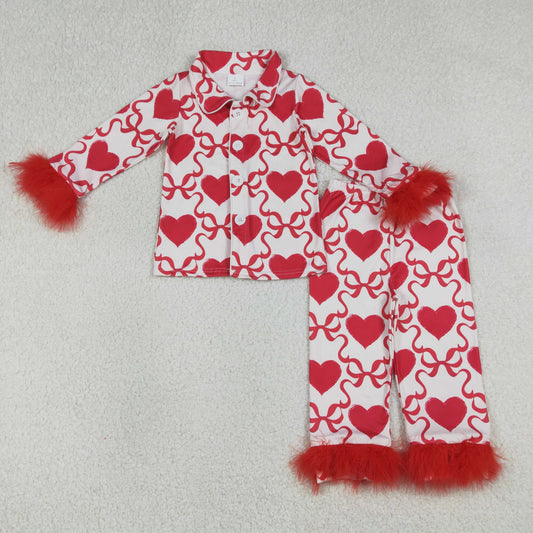 RTS NO MOQ（In Stock) GLP3221 Red long-sleeved pajama set with heart and bow design and fur trim