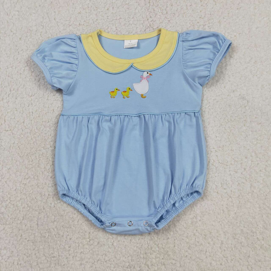 SR3298 Newborn Embroidery Ducks Goose Baby Girls Short Sleeve Collar Ruffle Rompers