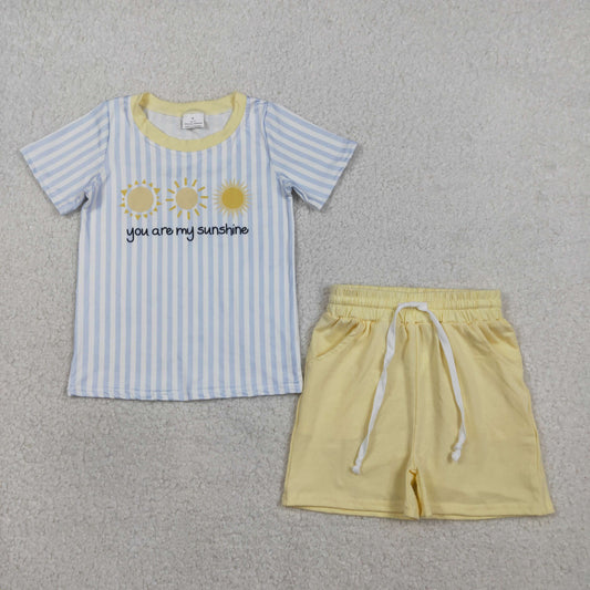 BSSO1734 Kids Baby Boy Stripe You are my Sunshine Top Pockets Shorts Clothes Sets