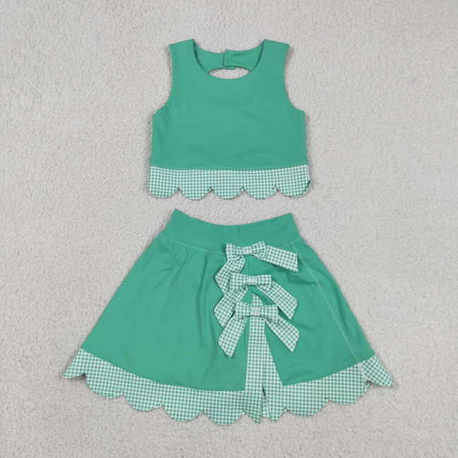 GSD3320 Kids Baby Girls Green Vest Top Bows Skirt Shorts Yoga Active Scallop Clothes Sets