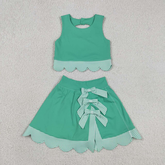 GSD3320 Kids Baby Girls Green Vest Top Bows Skirt Shorts Yoga Active Scallop Clothes Sets