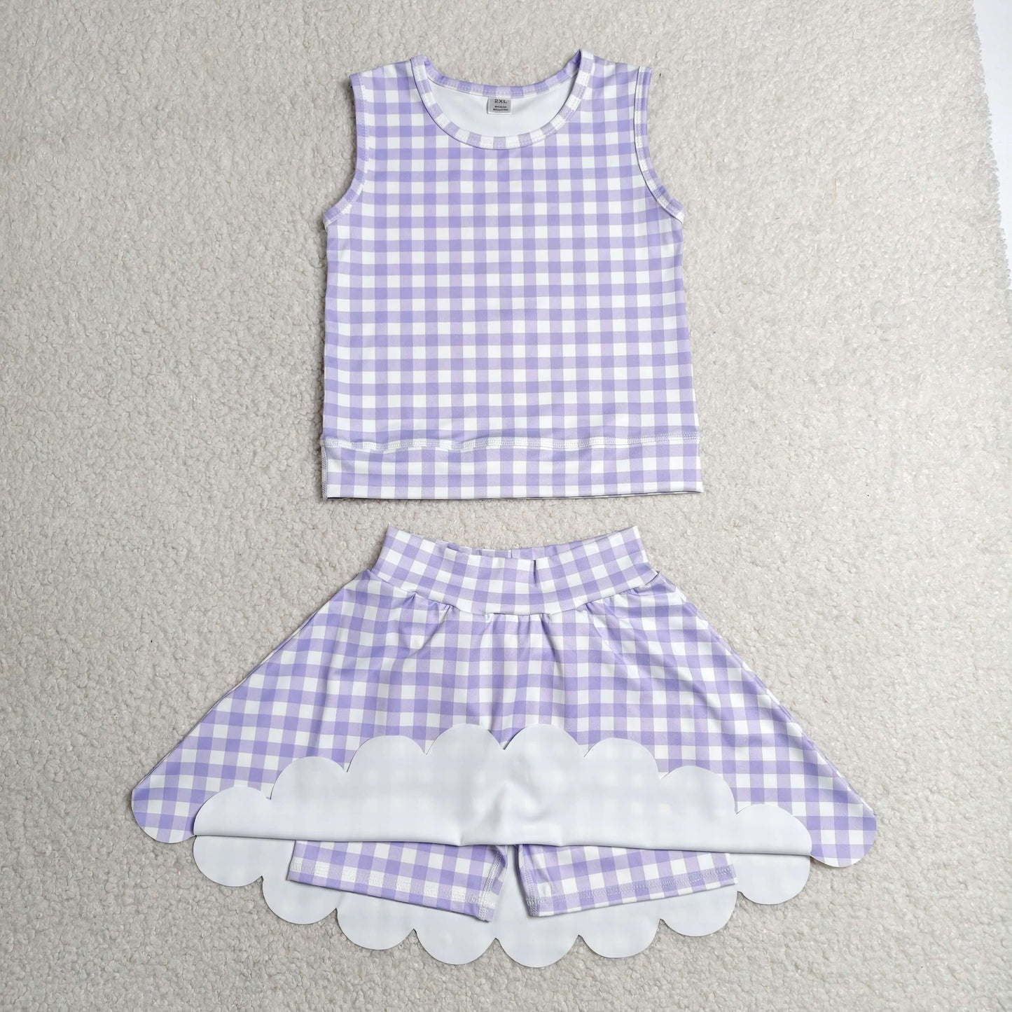 GSD4067 Kids Baby Girls Lavender Checked Vest Scallop Skirt Short Yoga Active Clothes Set