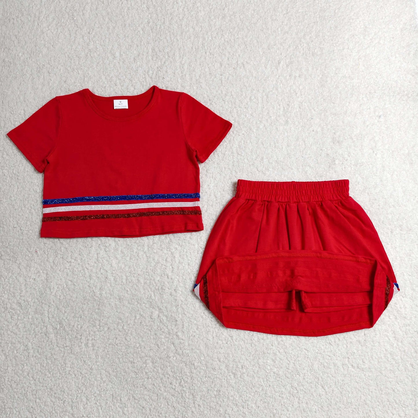 GSD3812 Kids Baby Girls Red Short Sleeve Stripe Top Skirt Shorts Slouchy Clothes Sets