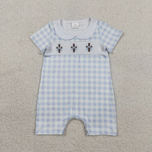 SR3758 Newborn Baby Boy Embroidery Crosses Blue Checked Easter Collar Rompers