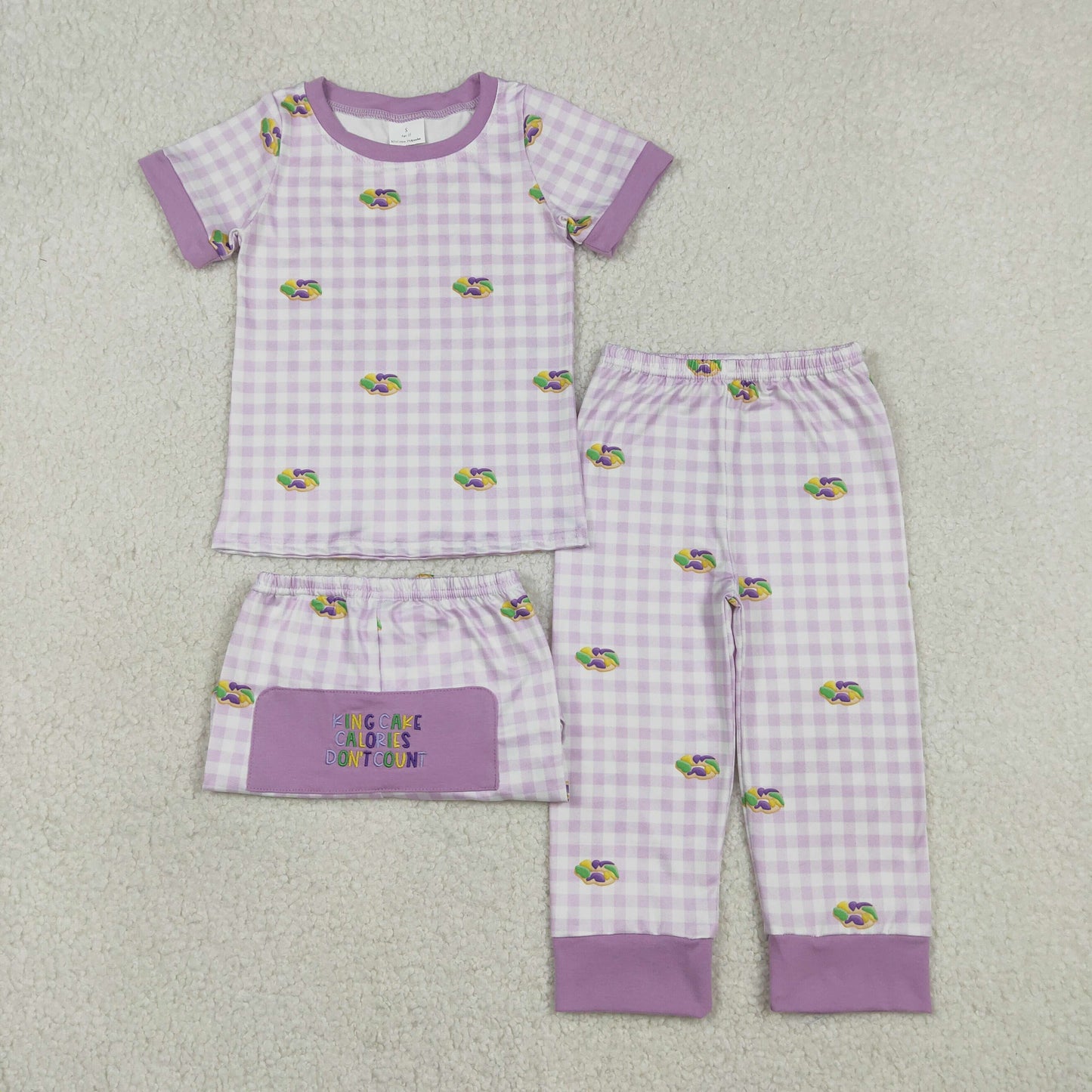 RTS NO MOQ（In Stock) Embroidered Carnival Donut Purple Plaid Short-Sleeve Pants Pajama Set