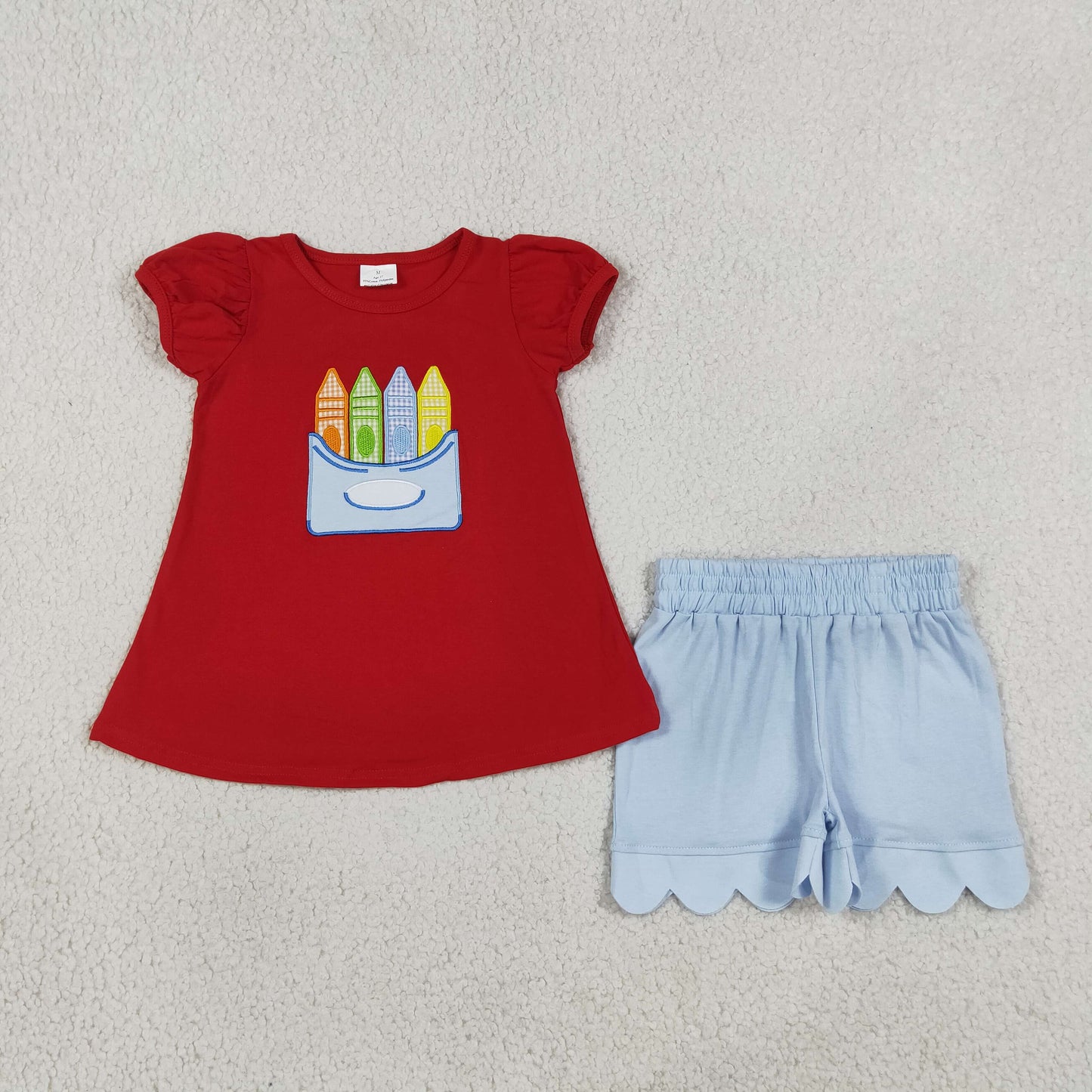 GSSO3727 Kids Embroidery Pencils Baby Girls Tunic Scallop Short Back to School Clothes Set