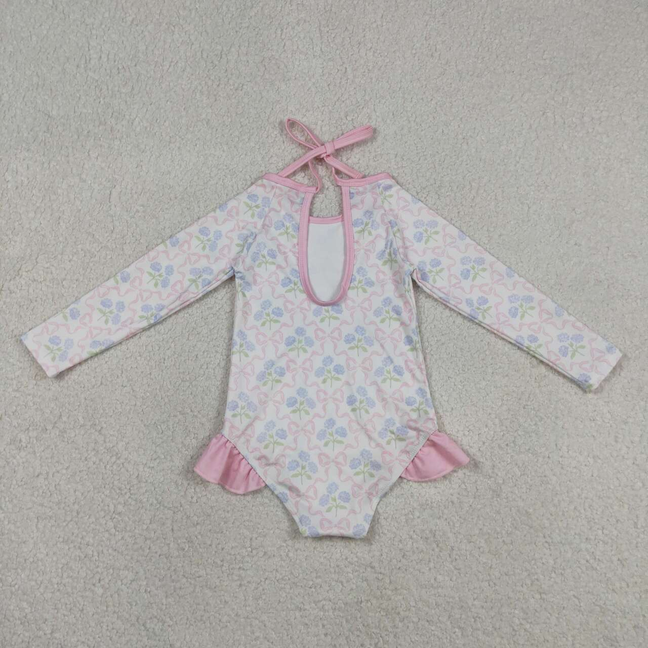 S0655 Kids Baby Girls Flower Bows Checked Bummies One Piece Swimsuits
