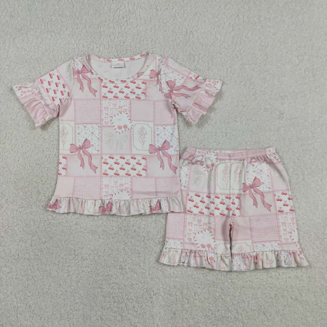 GSSO3321 Kids Baby Girls Bows Flowers Checked Top Ruffle Shorts Pajamas Clothes Sets