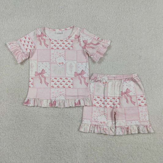 GSSO3321 Kids Baby Girls Bows Flowers Checked Top Ruffle Shorts Pajamas Clothes Sets