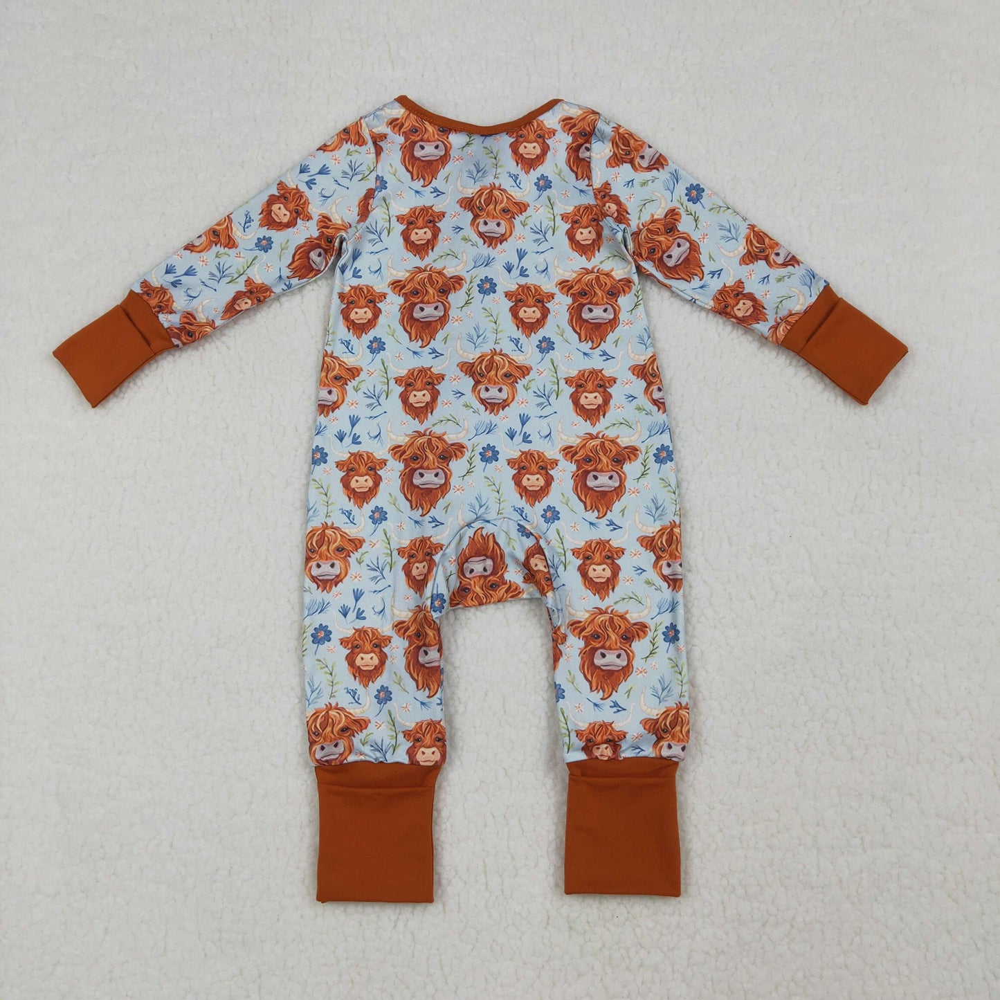 LR1787 Newborn Baby Girls Highland Cows Flowers Western Two Way Zip Convertible Rompers