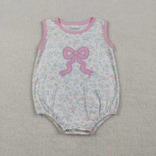 SR3727 Newborn Baby Girls Embroidery Pink Bow Sleeveless Flowers Ruffle Rompers