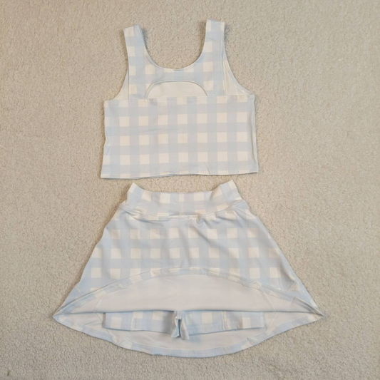 GSD3839 Kids Baby Girls Light Blue Checked Vests Top Skirt Short Yoga Active Clothes Set