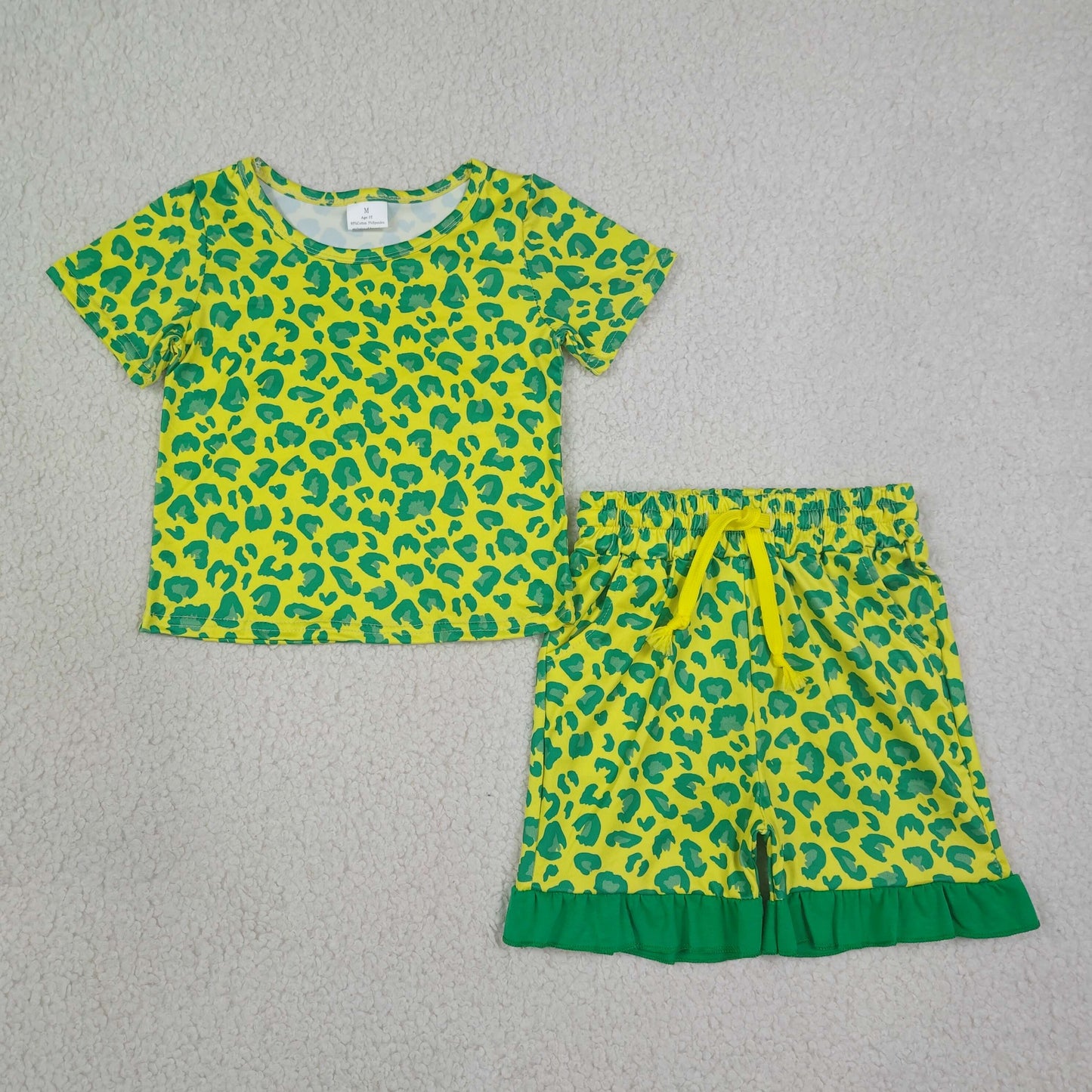 GSSO3812 Kids Clothing Baby Girl Light Green Leopard Top Pockets Ruffle Short Clothes Sets
