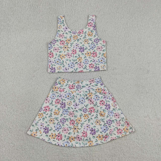 GSD3838 Kids Baby Girls Colorful Flowers Vests Top Skirt Short Yoga Active Clothes Set