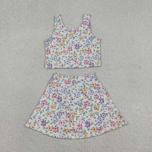 GSD3838 Kids Baby Girls Colorful Flowers Vests Top Skirt Short Yoga Active Clothes Set